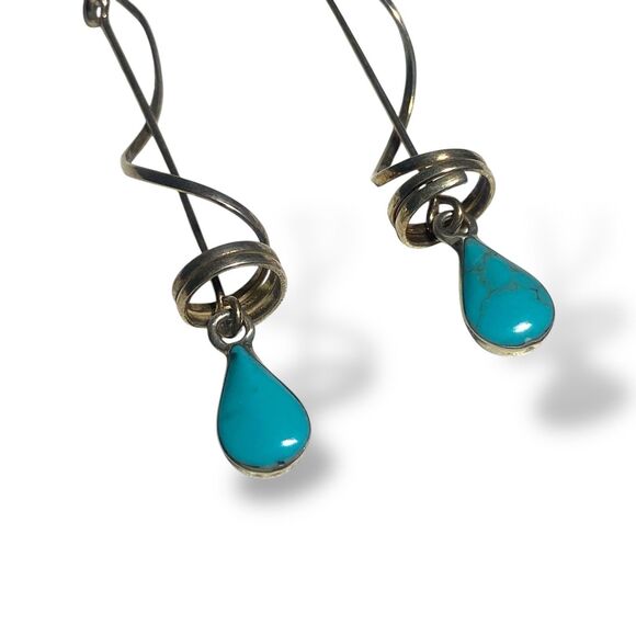 VTG 925 Silver Turquoise Dangle Earrings Made in Mexico 3” Drop Modernist Style - Picture 6 of 9